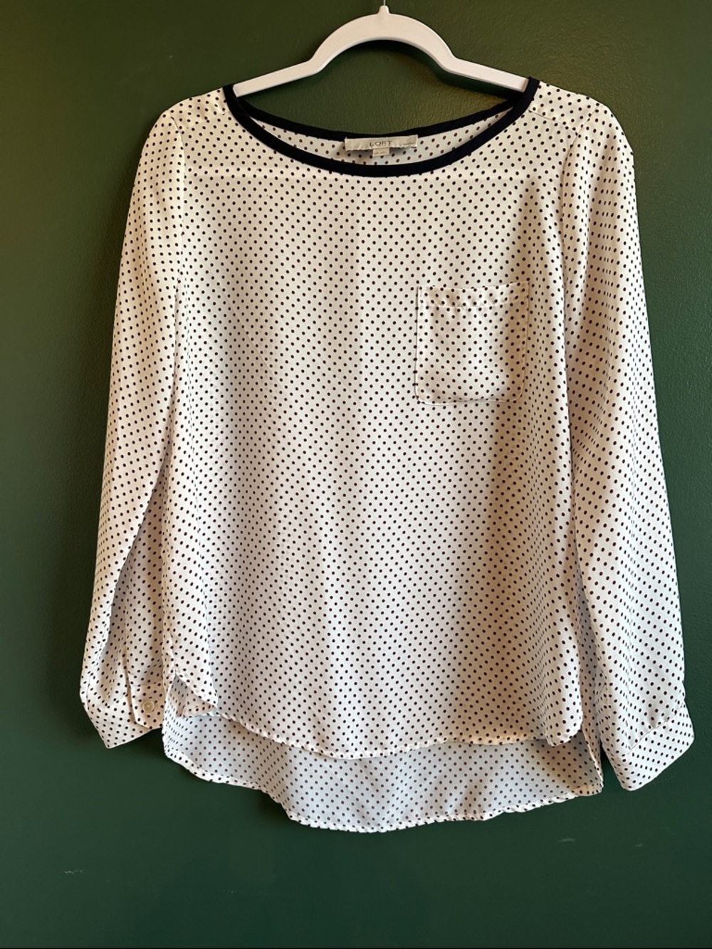 LOFT Cream Blouse with Reddish Brown Polka Dots and Black Neck Trim M Petite